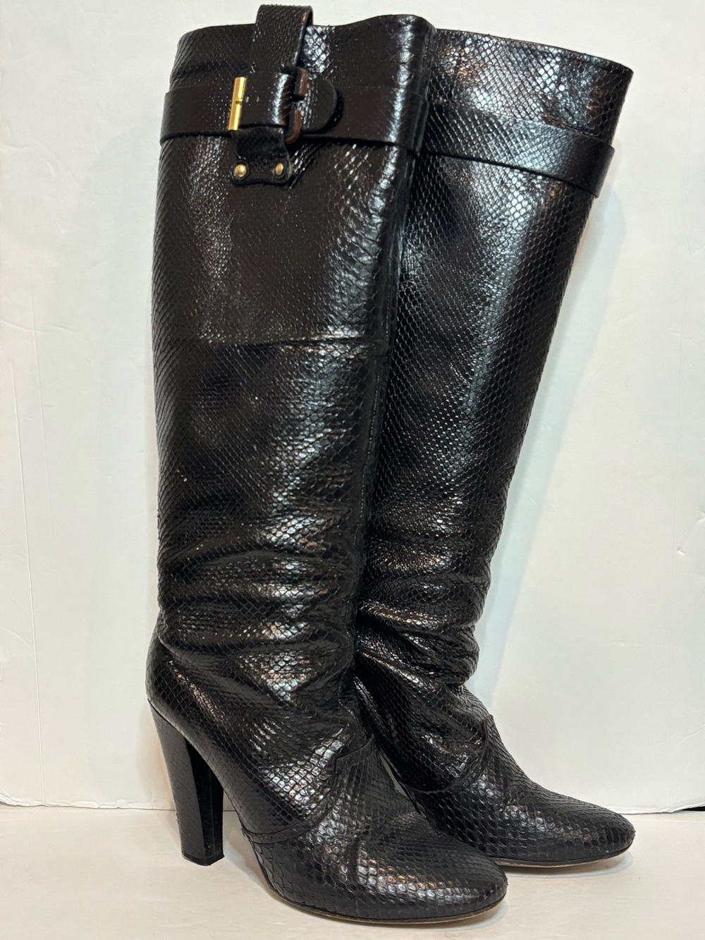 Chloe Black Snakeskin Textured Leather Buckle Tall Heeled Boots 41/10.5